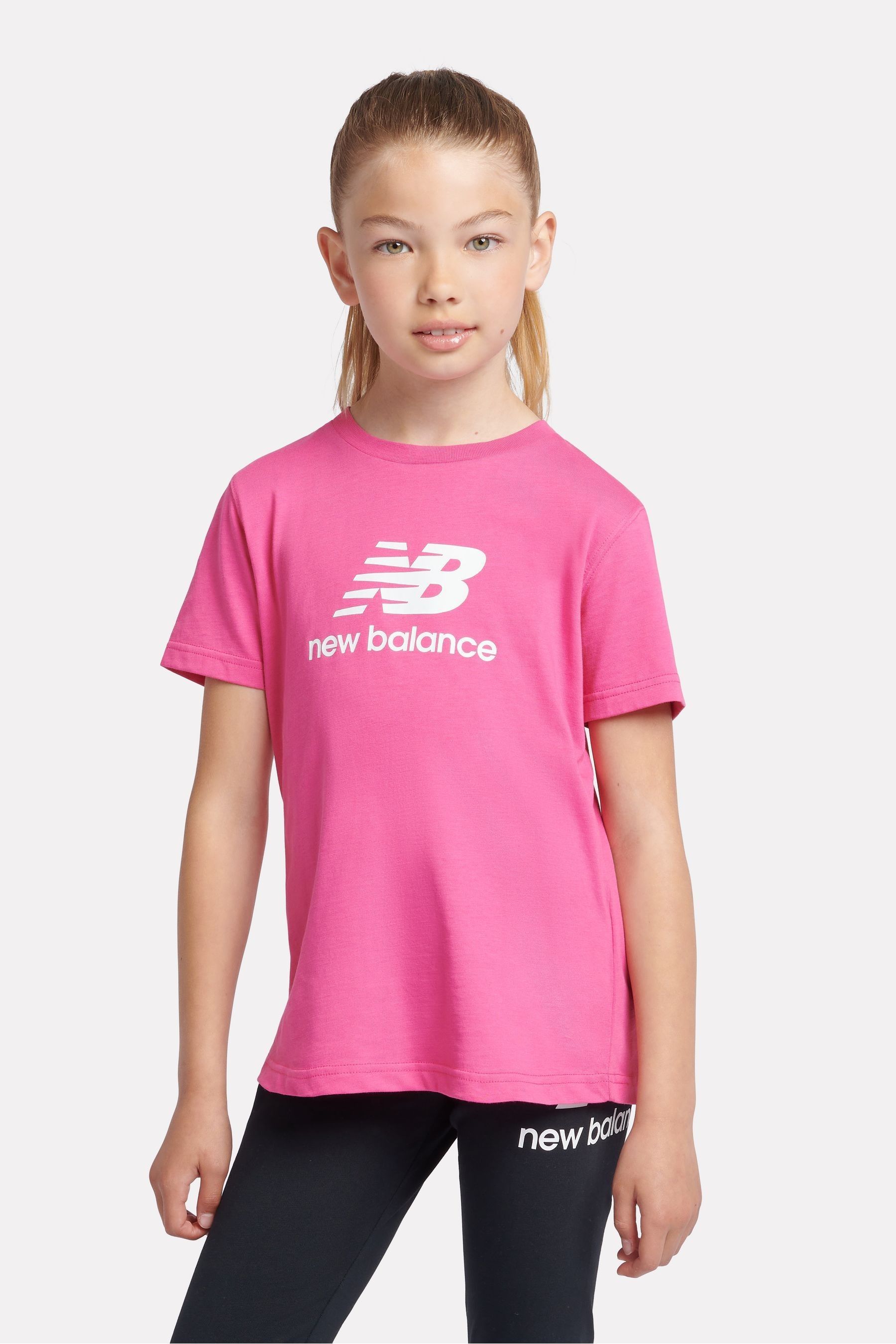 New Balance Pink Girls 100 Cotton Stacked Logo T Shirt 8 9 Yrs