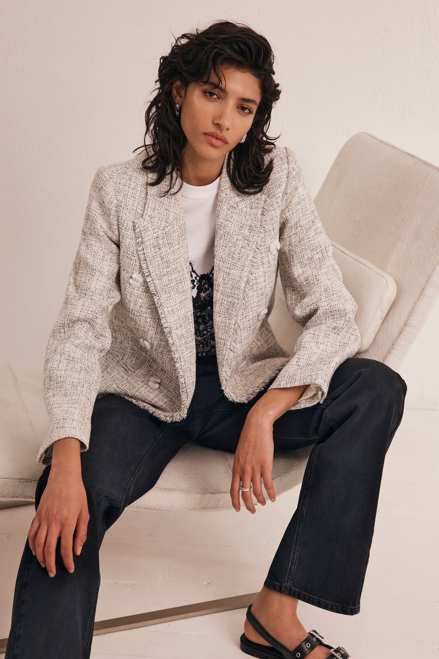 Double breasted blazer cream on sale