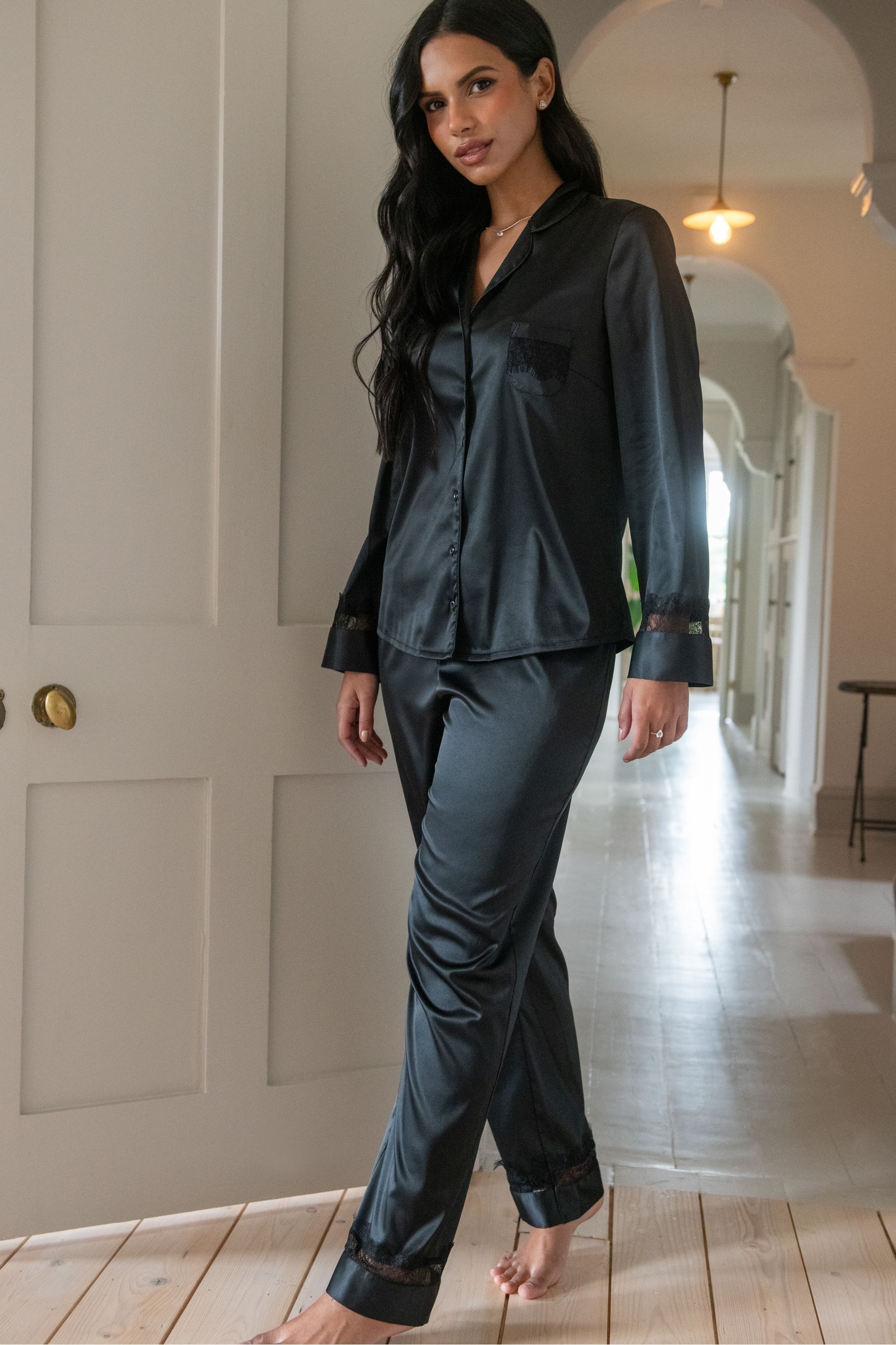 Buy Pour Moi Black Dusk Satin and Lace Revere Collar Pyjama Set from the Next UK online shop