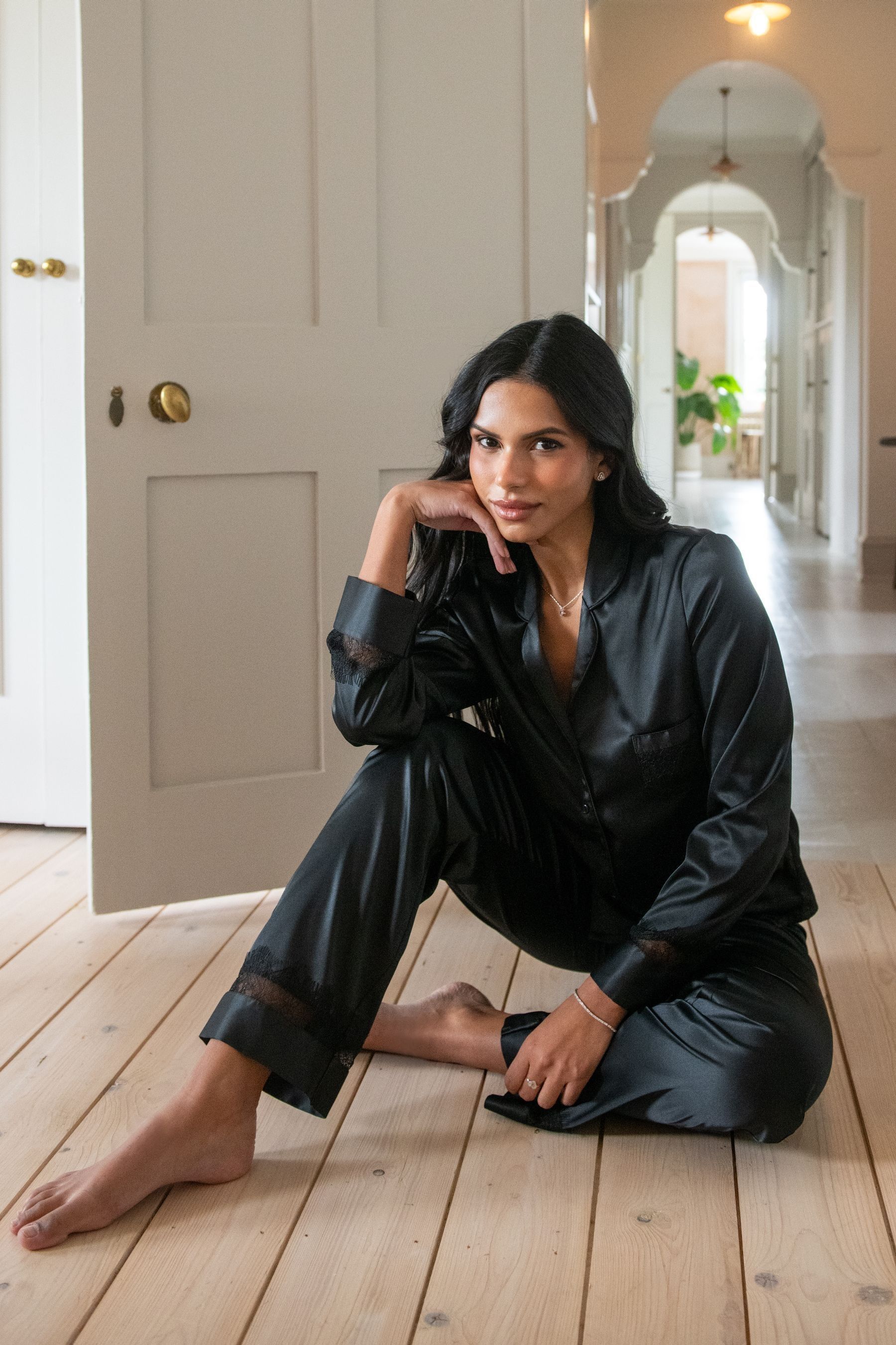 Buy Pour Moi Black Dusk Satin and Lace Revere Collar Pyjama Set from the Next UK online shop
