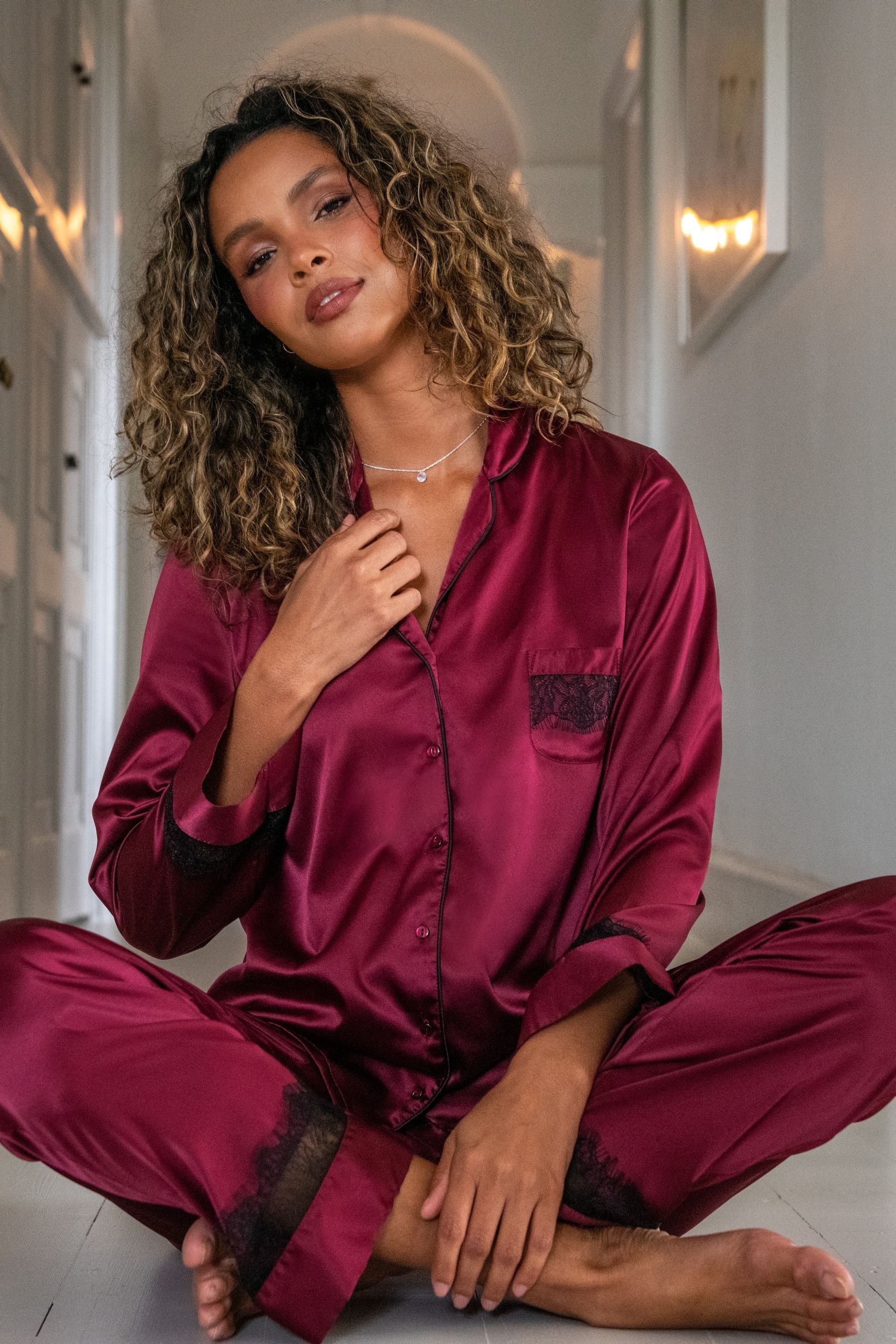 Pour Moi Dark Red Dusk Satin and Lace Revere Collar Pyjama Set