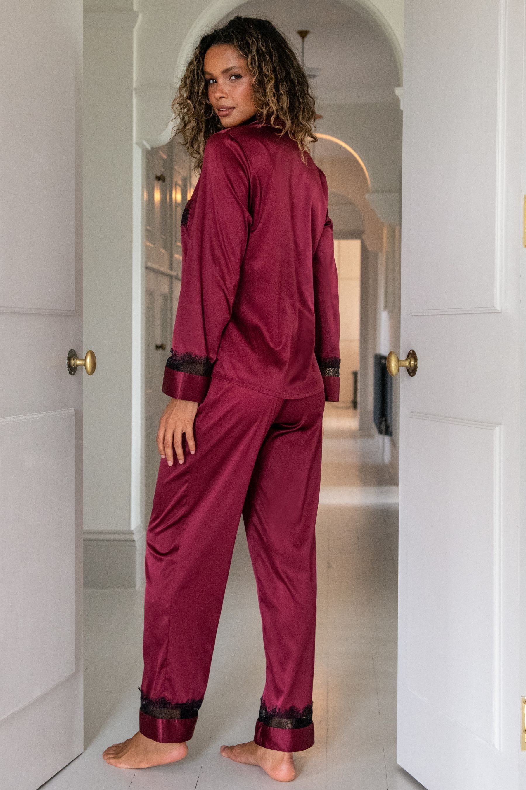 Pour Moi Dark Red Dusk Satin and Lace Revere Collar Pyjama Set