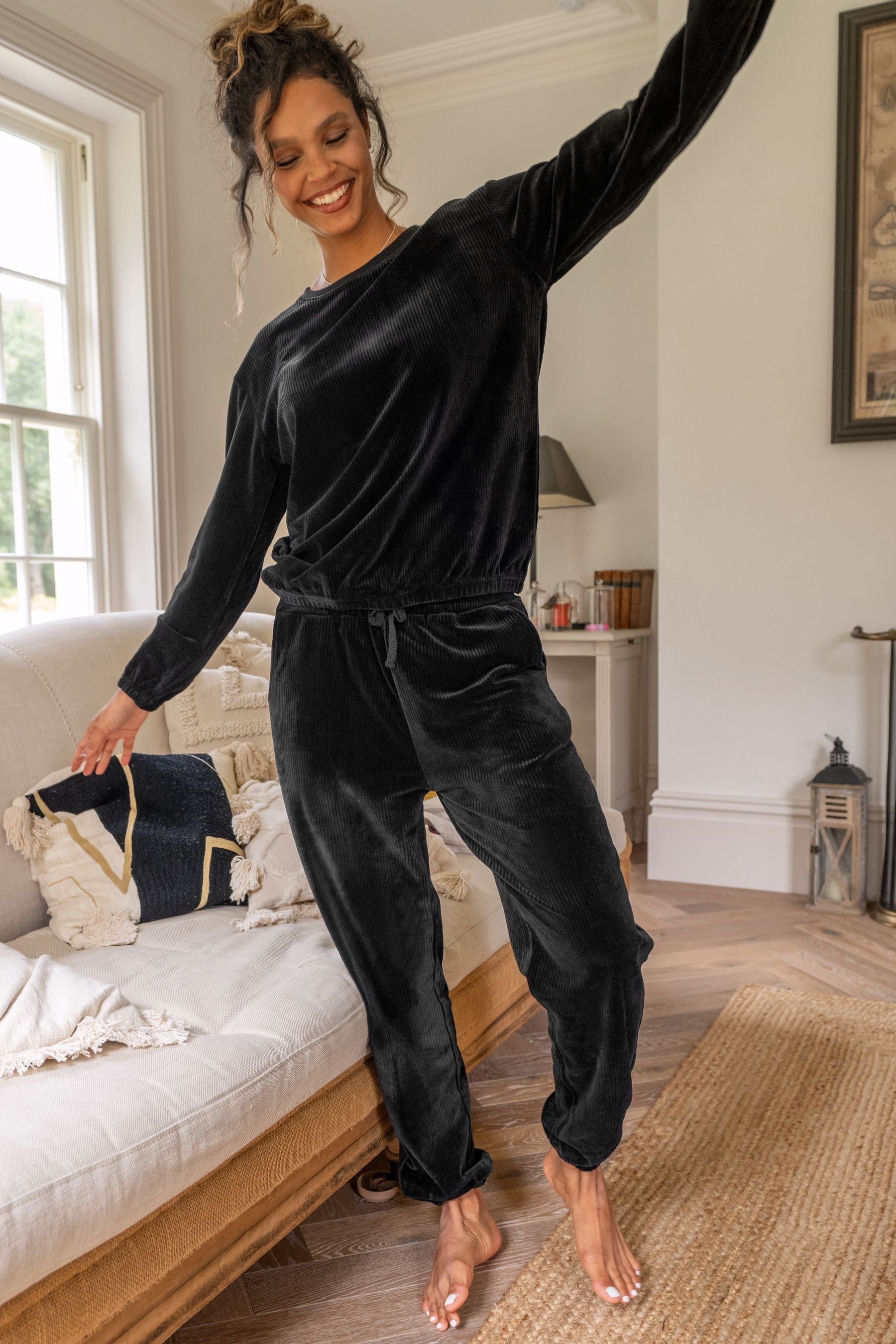 Buy Pour Moi Black Ribbed Cosy Fleece Lounge Pyjama Set from the Next UK online shop