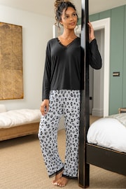 Pour Moi Black Brushed Rib Lace Trim V Neck Lounge Pyjama Set - Image 1 of 7