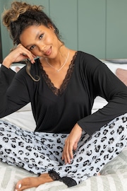 Pour Moi Black Brushed Rib Lace Trim V Neck Lounge Pyjama Set - Image 2 of 7