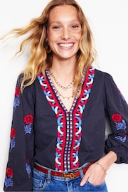 Boden Blue Embroidered V-Neck Top - Image 4 of 5