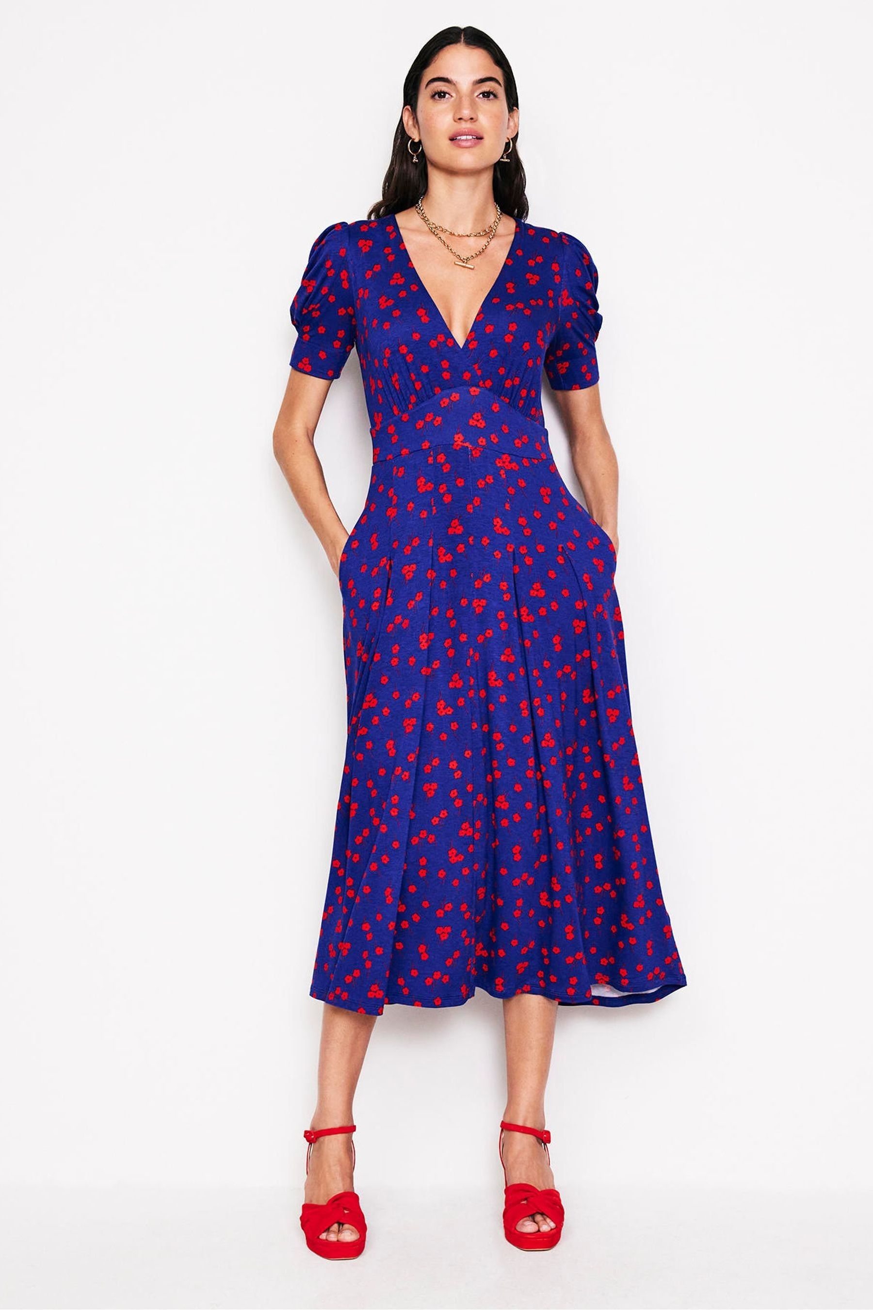 Boden Blue Kristen Pleated Jersey Dress 14 Womens