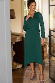 Pour Moi Green Venetia Jersey Hanky Hem Collared Midi Dress - Image 1 of 5