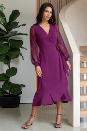 Pour Moi Purple Carrie Lace Sleeve Midi Slinky Jersey Wrap Dress - Image 1 of 4