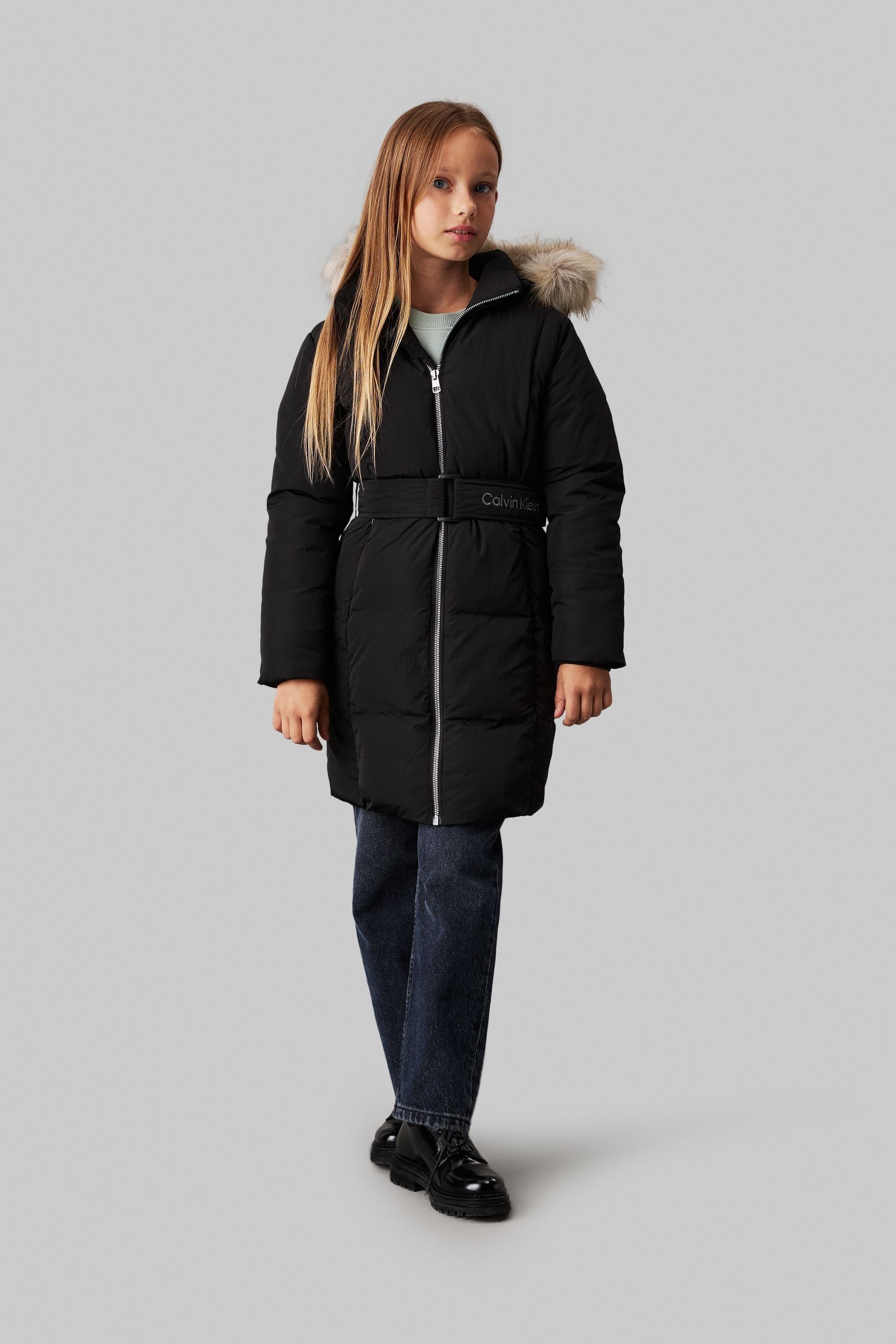 Calvin Klein Black Classic Belted Faux Fur Coat