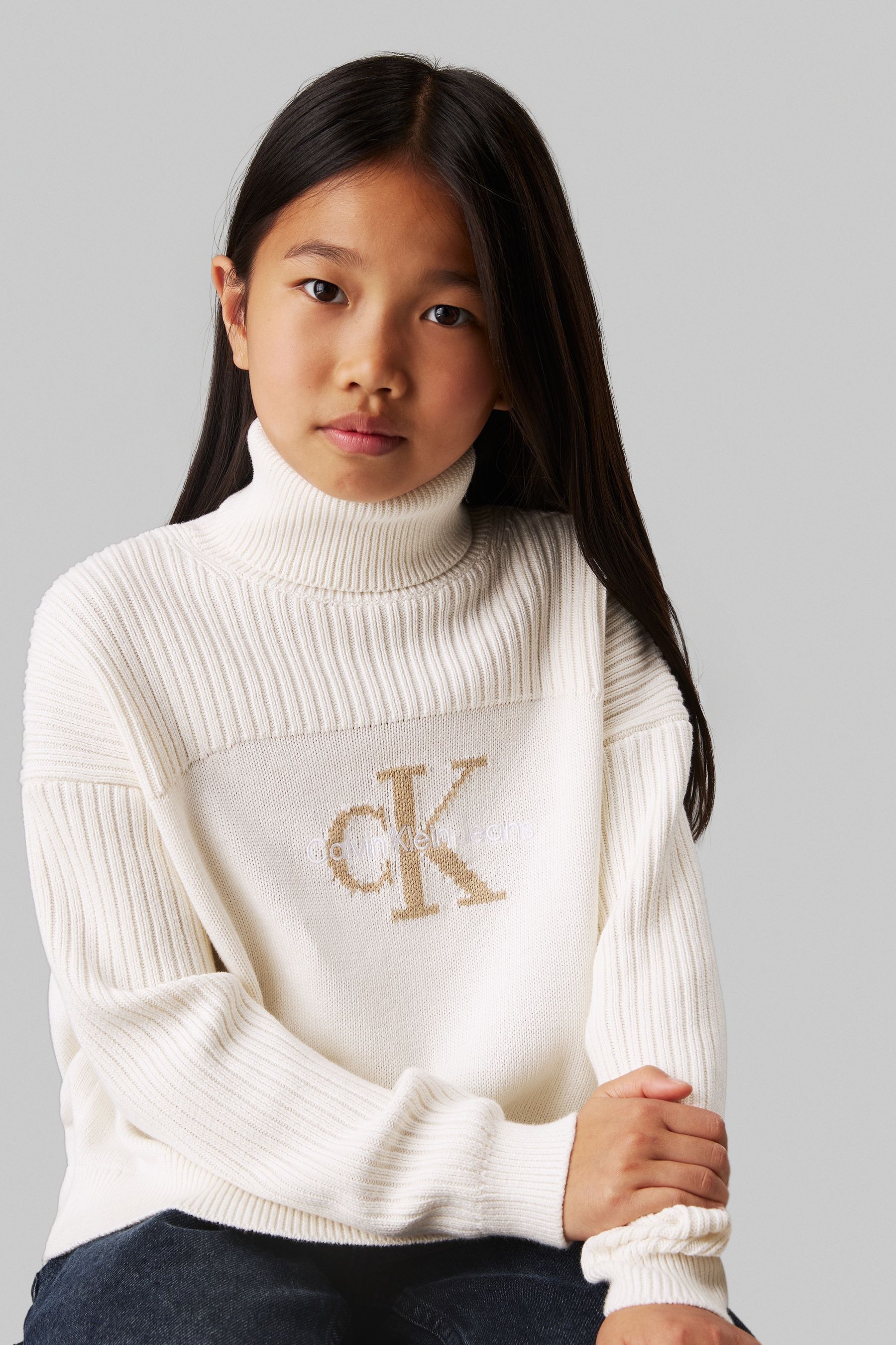 Buy Calvin Klein White Monologo Roll Neck Jumper from Next Oman