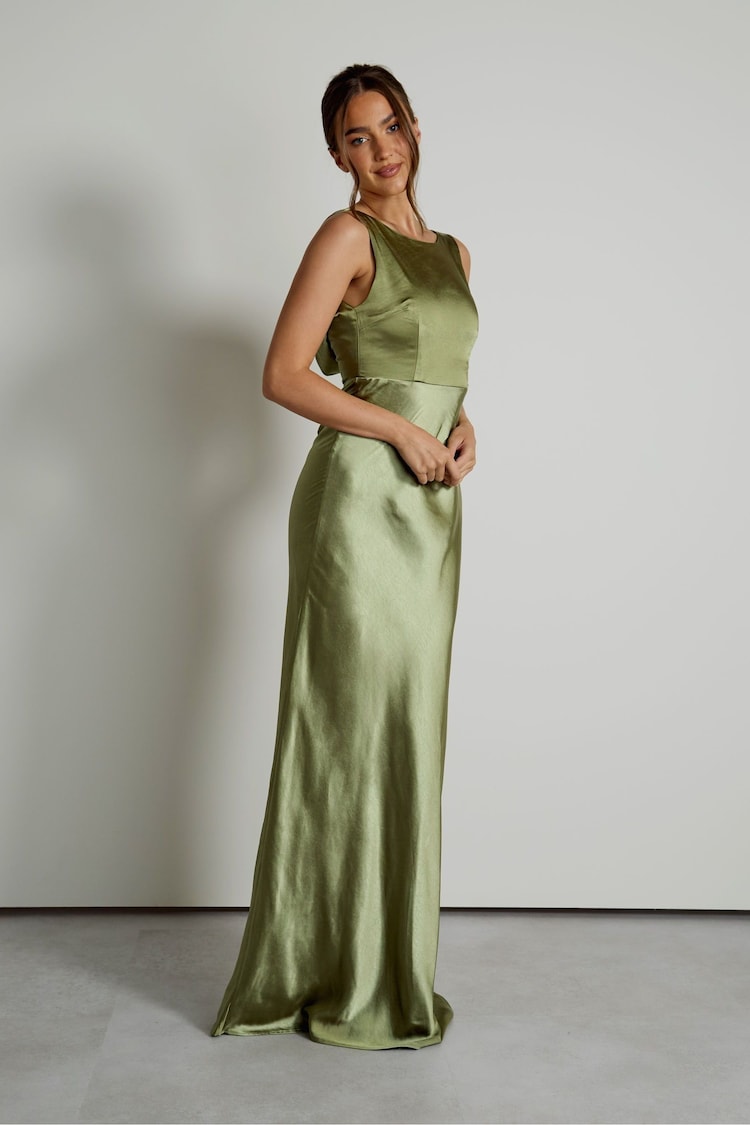 Six Stories Moss Green Halter Neck Satin Bridesmaid Dress - Image 1 of 6