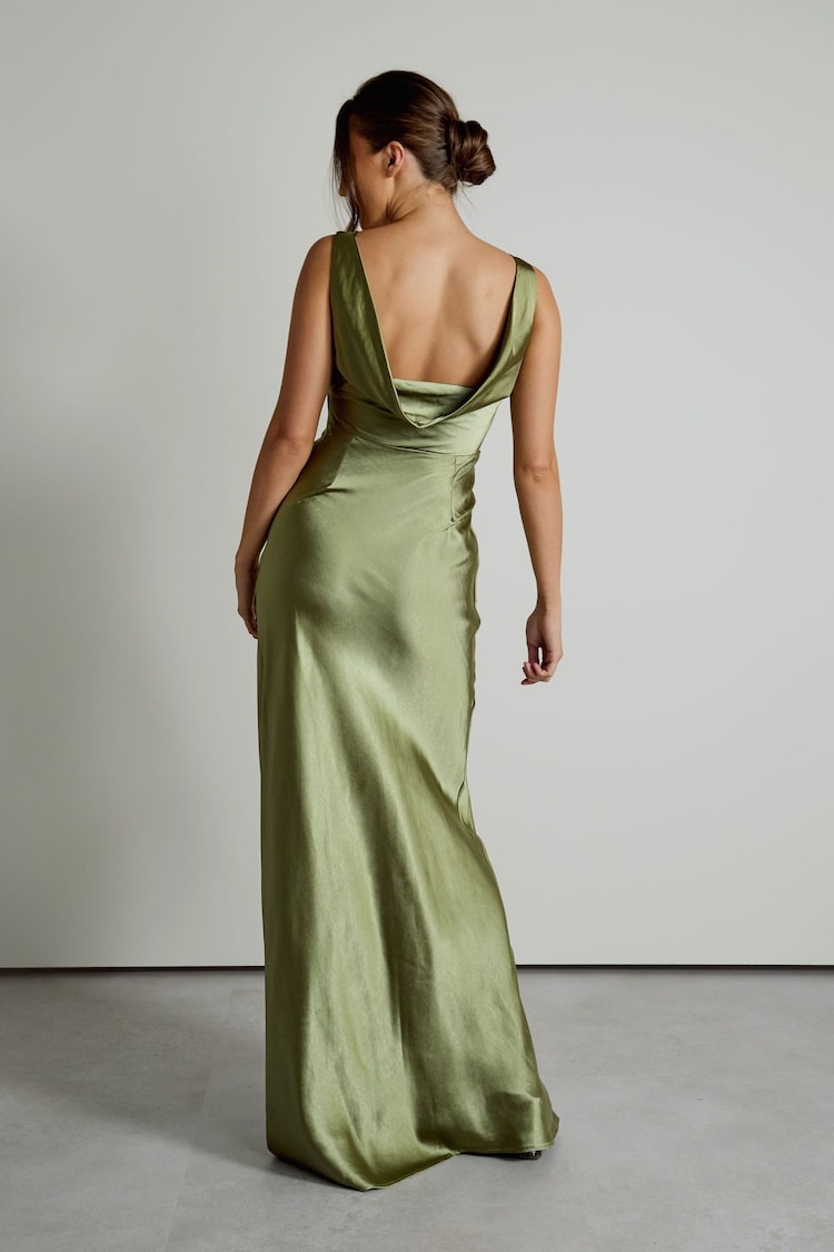 Six Stories Moss Green Halter Neck Satin Bridesmaid Dress - Image 2 of 6