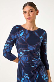 Roman Blue Floral Print Ruched Stretch Dress - Image 4 of 5