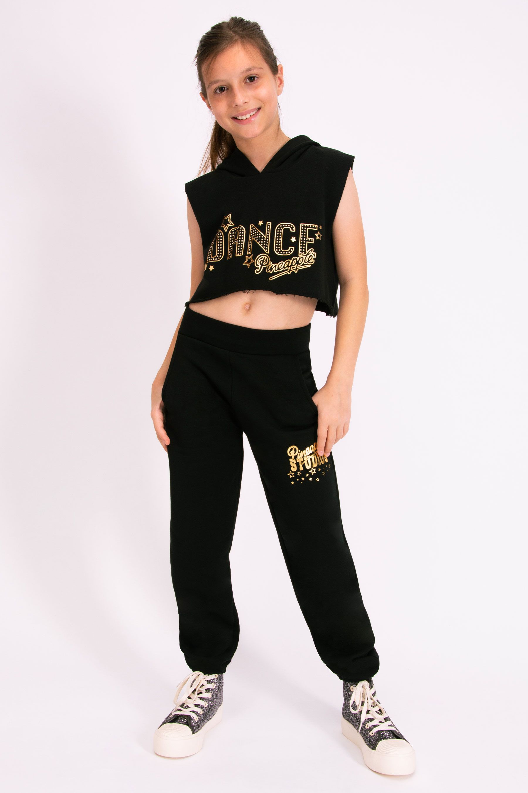 Pineapple Black Girls Sleeveless Dance Crop Hoodie