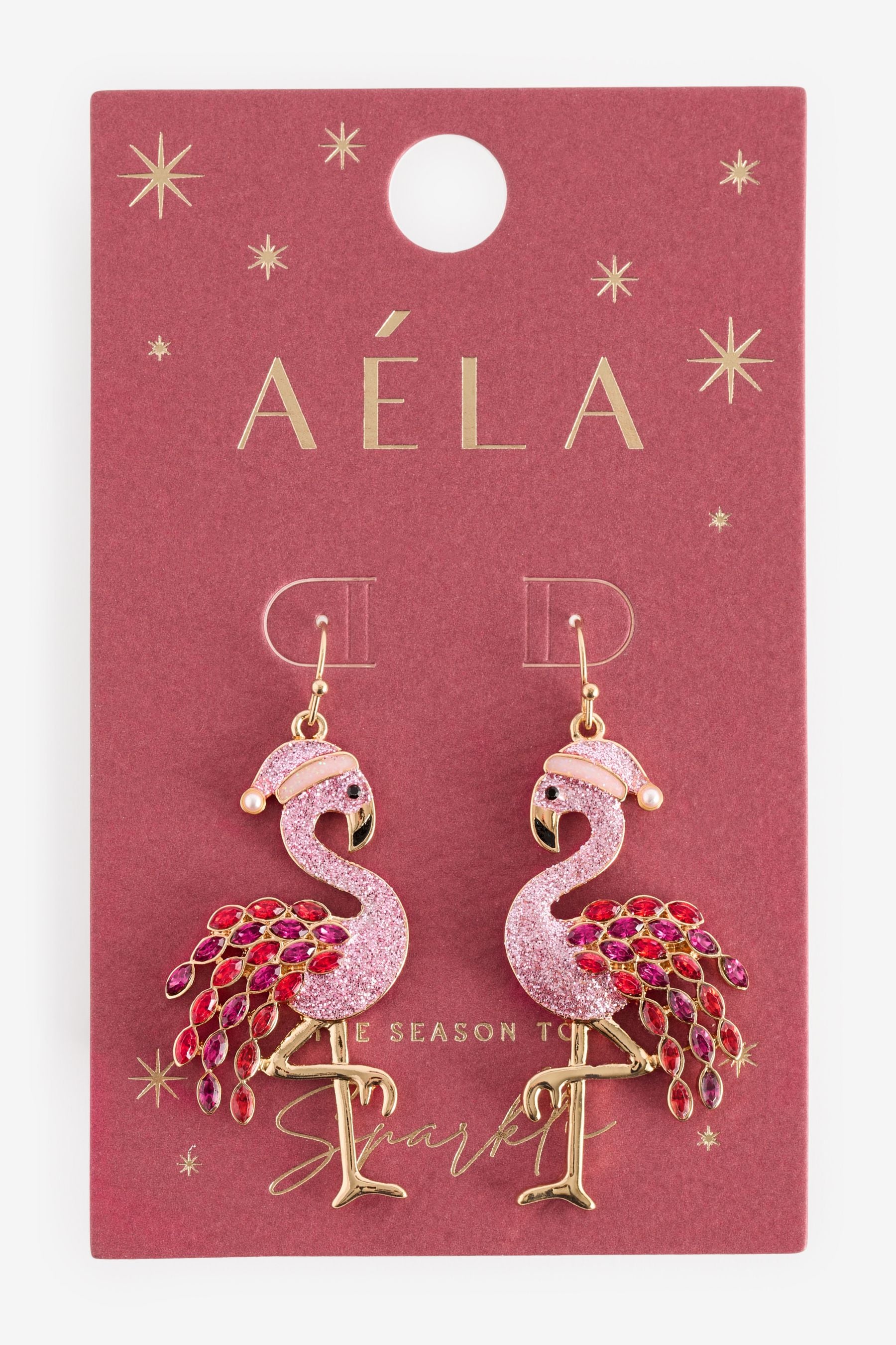 Aela Gold Tone Christmas Glitter Santa Hat Flamingo Drop Earrings