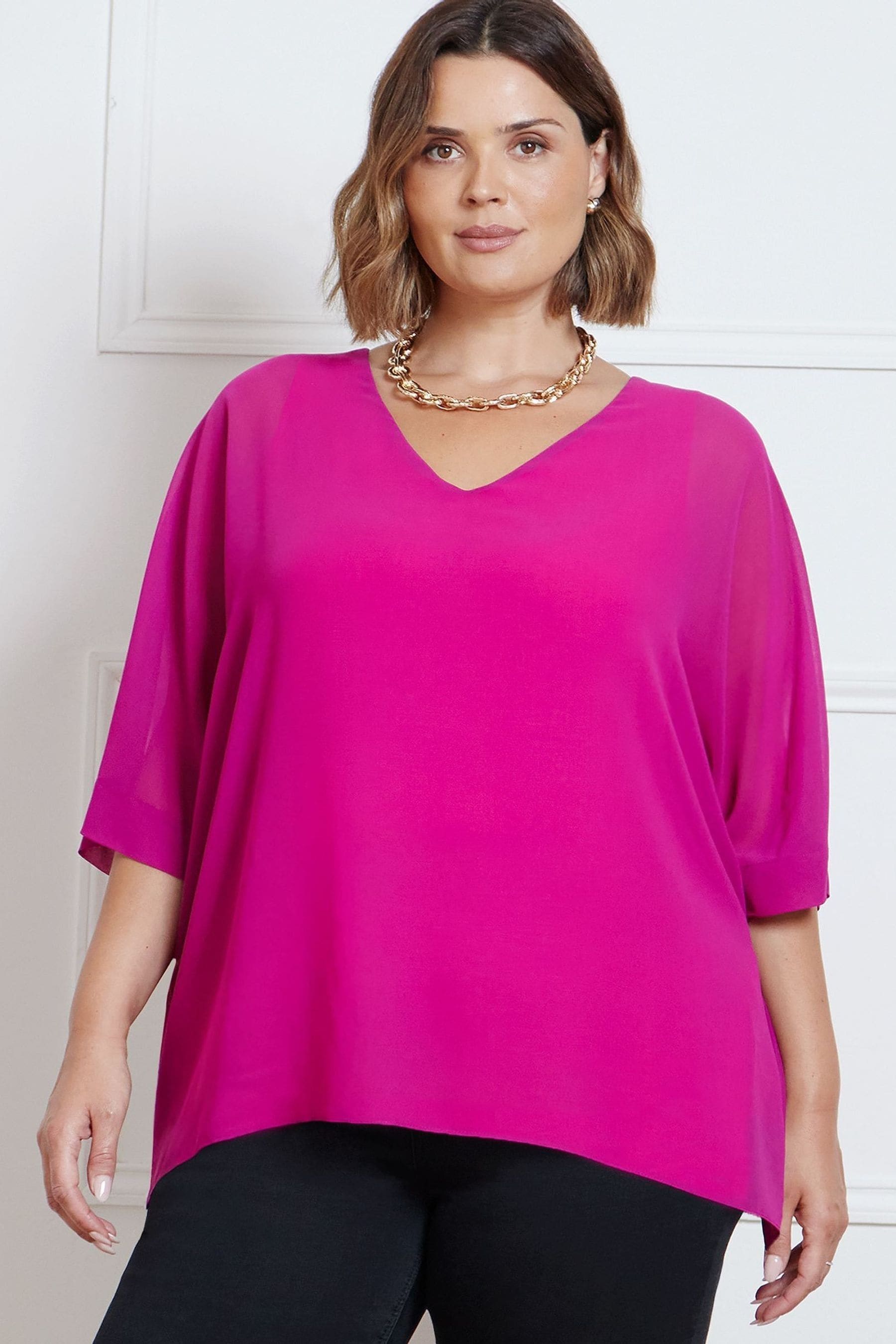Buy Live Unlimited Pink Curve Chiffon V Neck Overlay Top from Next Ireland