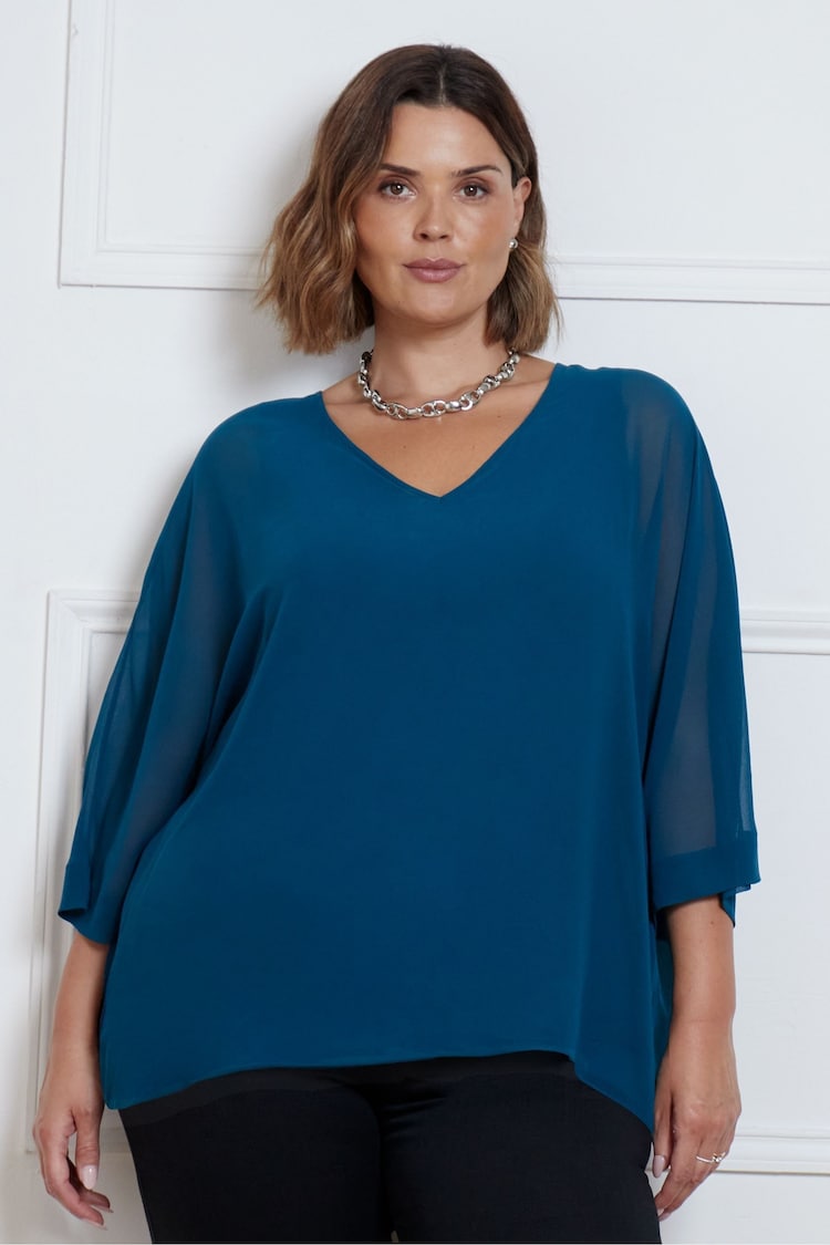 Live Unlimited Blue Curve Chiffon V-Neck Overlay Top - Image 1 of 3