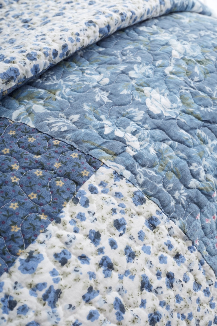 Bianca Blue Cotton Floral Patchwork Bedspread Throw - Image 2 of 4