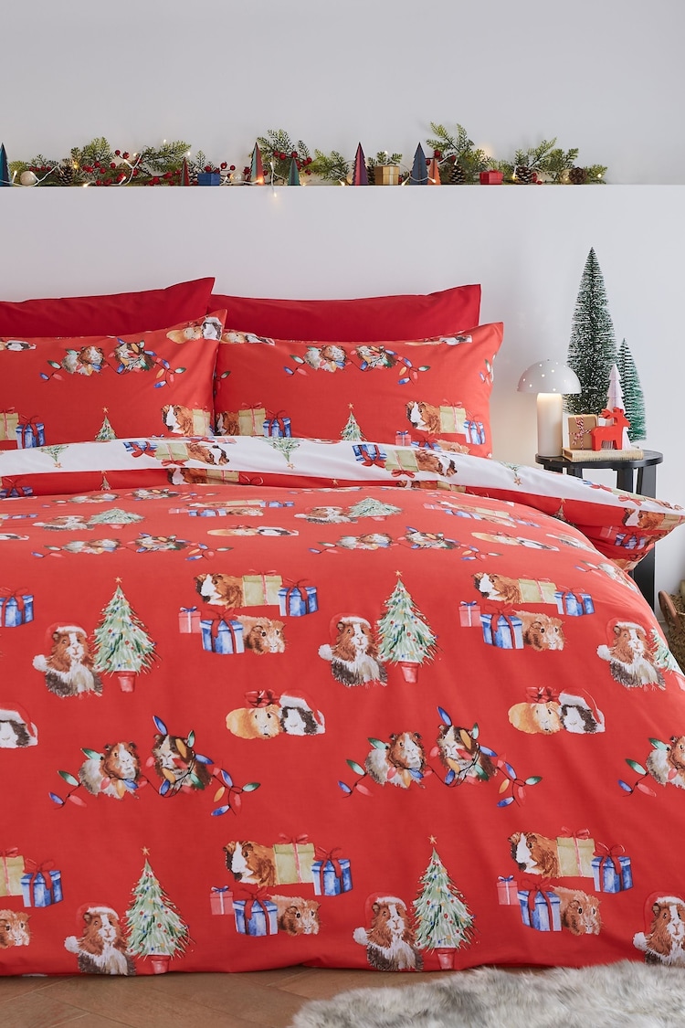 Catherine Lansfield White Red Christmas Guineapig Reversible Duvet Cover Set - Image 2 of 4