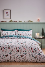 Catherine Lansfield White and Green Brushed Cotton Christmas Mistletoe Duvet Cover Set - Image 1 of 4