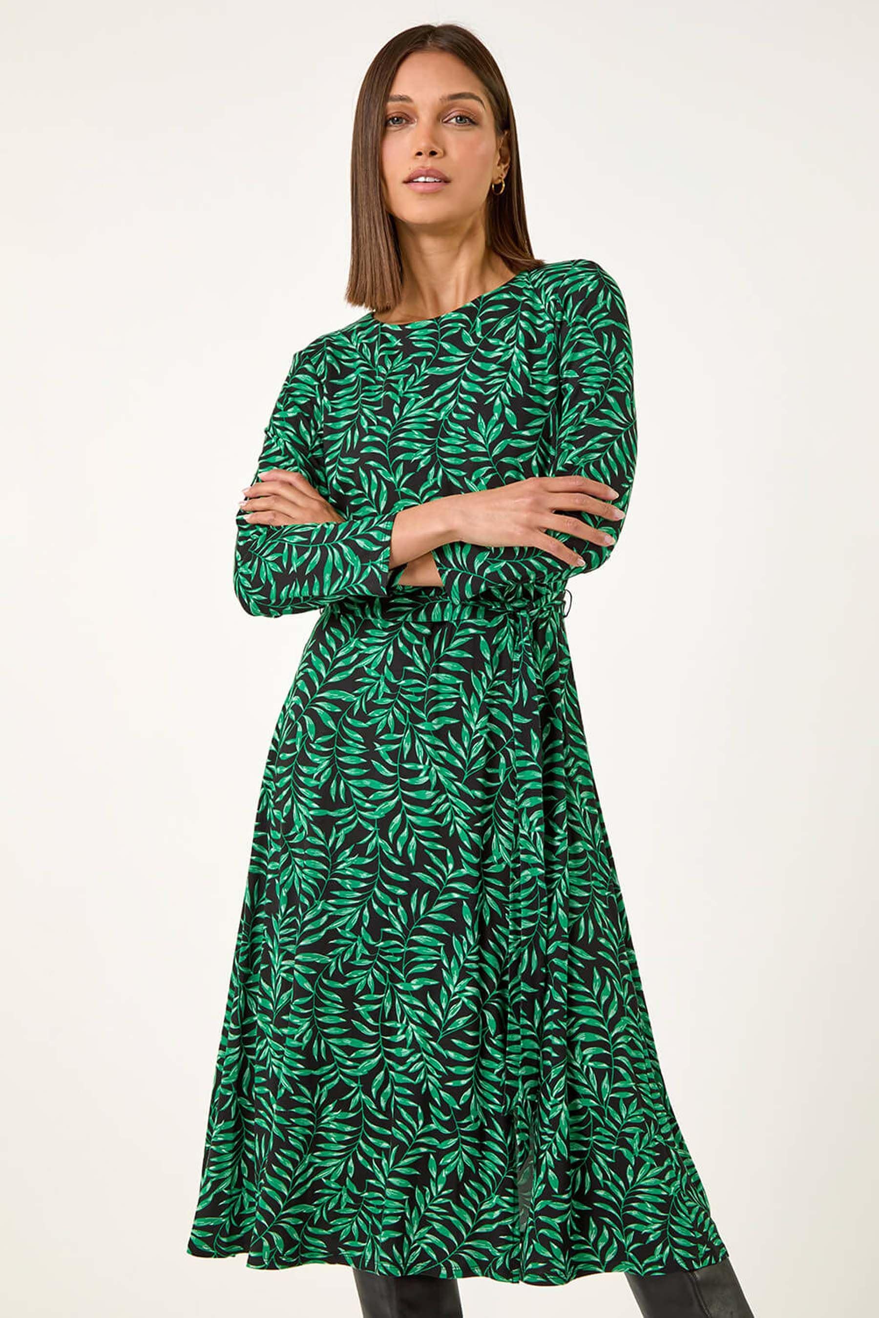 Buy Roman Green Leaf Print Stretch Belted Dress from the Next UK online shop
