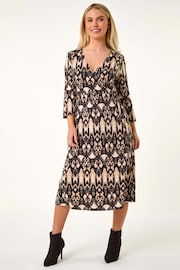 Roman Black Petite Aztec Style Print Tie Detail Midi Dress - Image 2 of 5