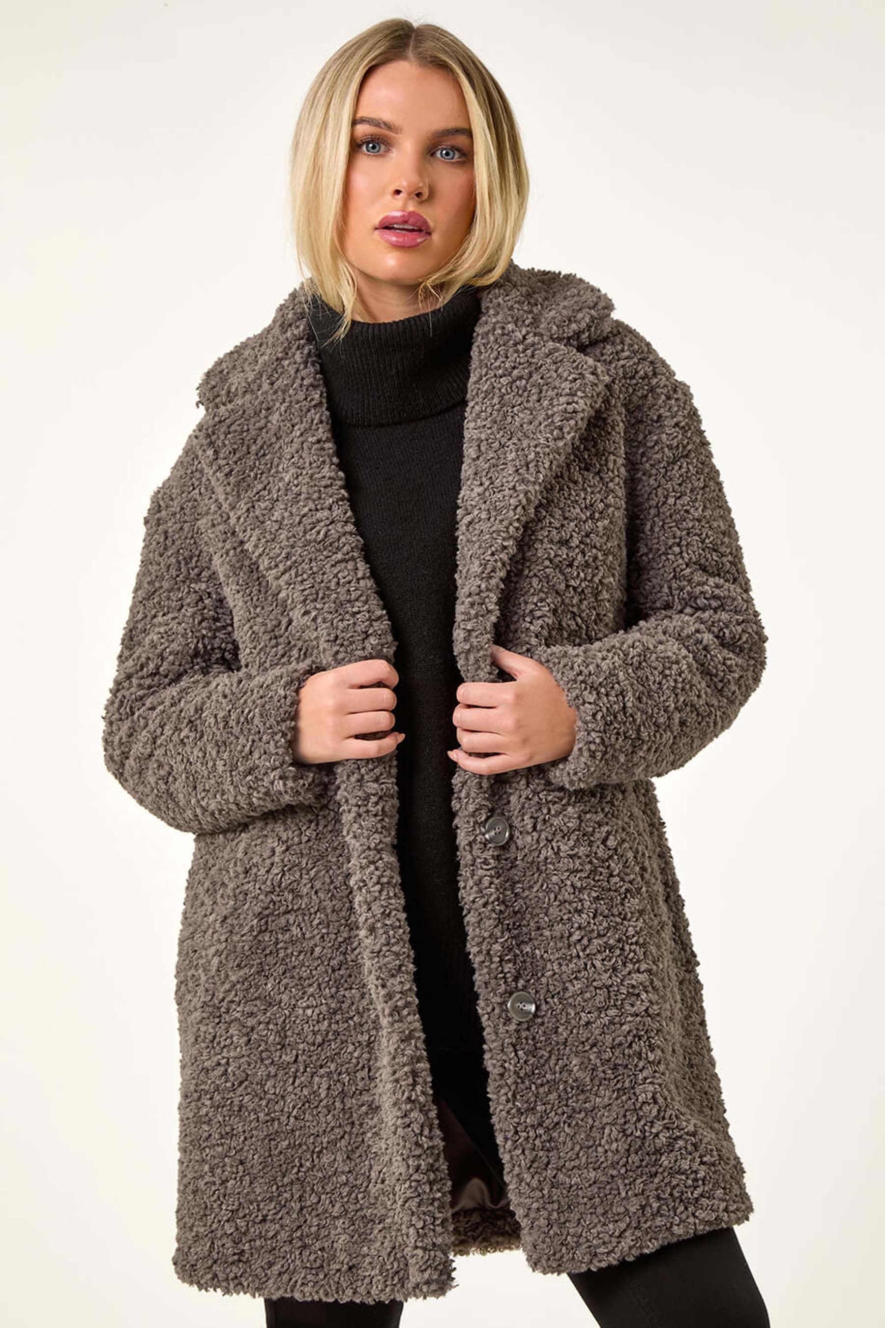Roman Brown Petite Teddy Longline Coat