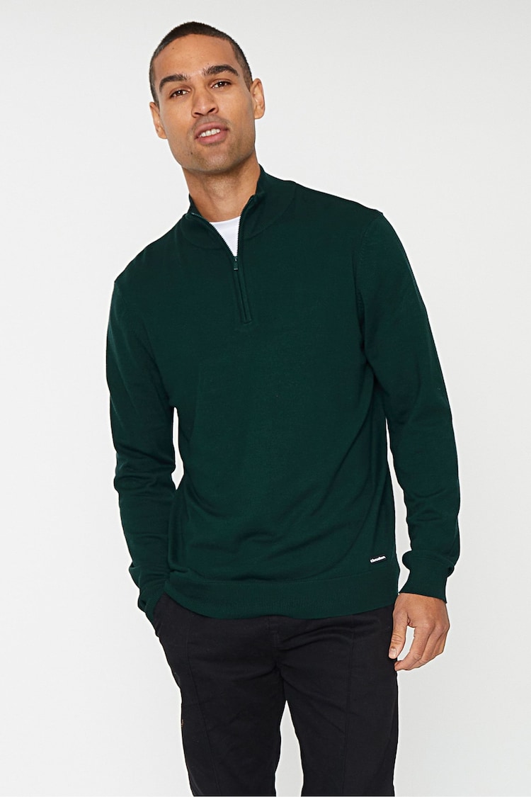 Threadbare Forest Green Funnel Neck 1/4 Zip Knitted Jumper - Image 1 of 4