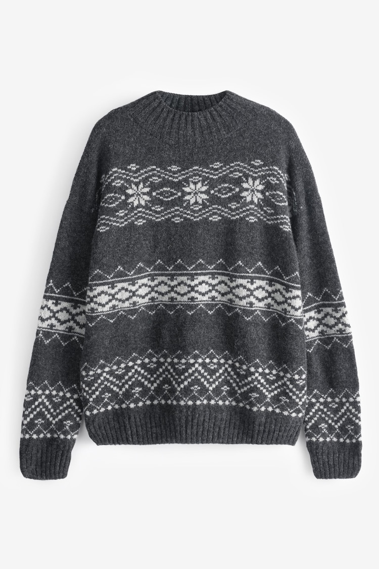 Celtic & Co. Grey Fairisle Pattern Stripe Funnel Neck Jumper - Image 1 of 1