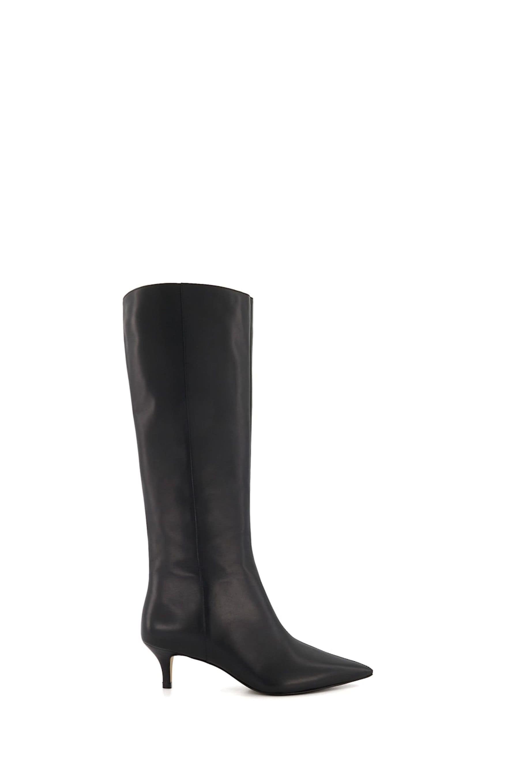 Dune London Black Wide Fit Smooth Kitten Heel Point Knee High Boots 4 Womens
