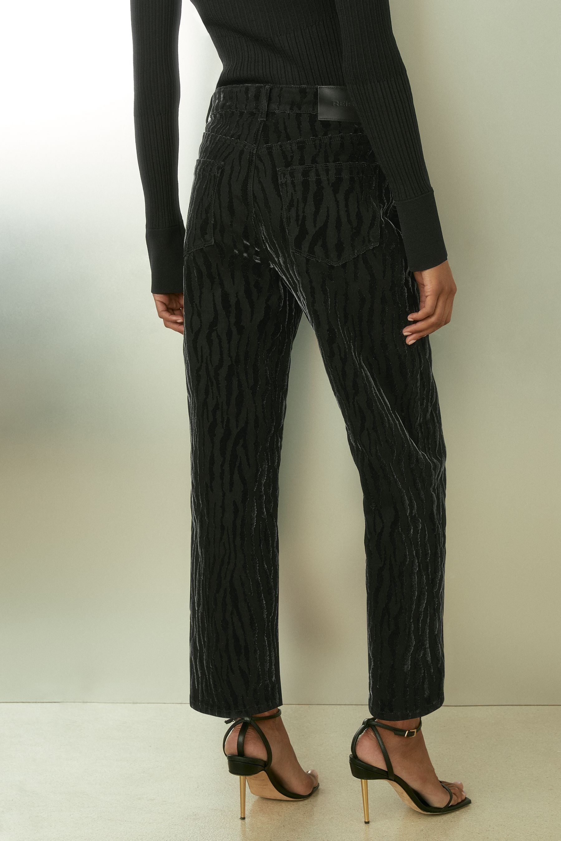 Reiss Black Lennox Cotton Blend Flocked Straight Leg Jeans
