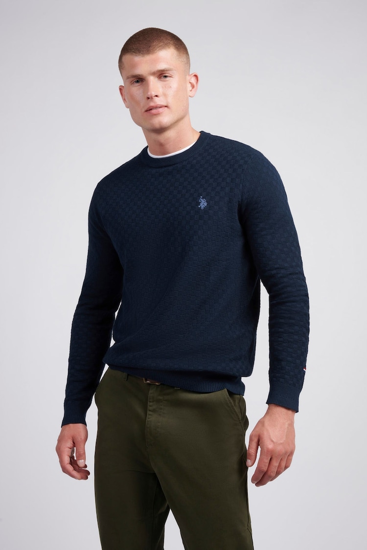 U.S. Polo Assn. Mens Blue Checkerboard Knit Crew Neck Polo Shirt - Image 1 of 9