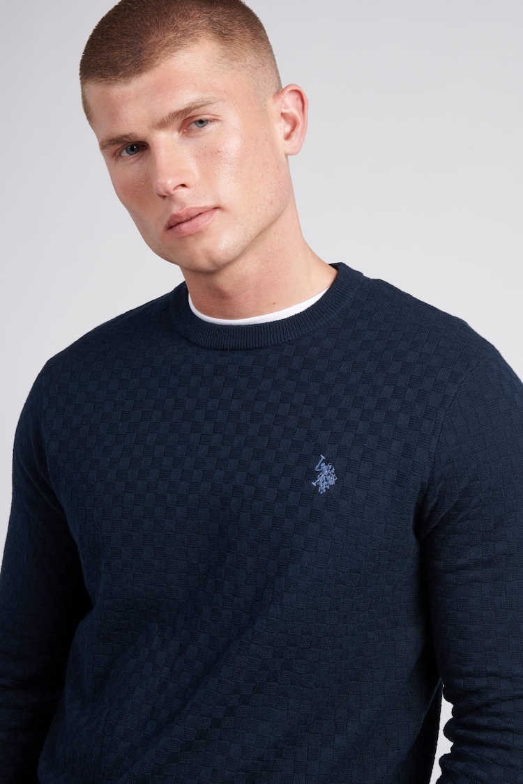 U.S. Polo Assn. Mens Blue Checkerboard Knit Crew Neck Polo Shirt - Image 2 of 9