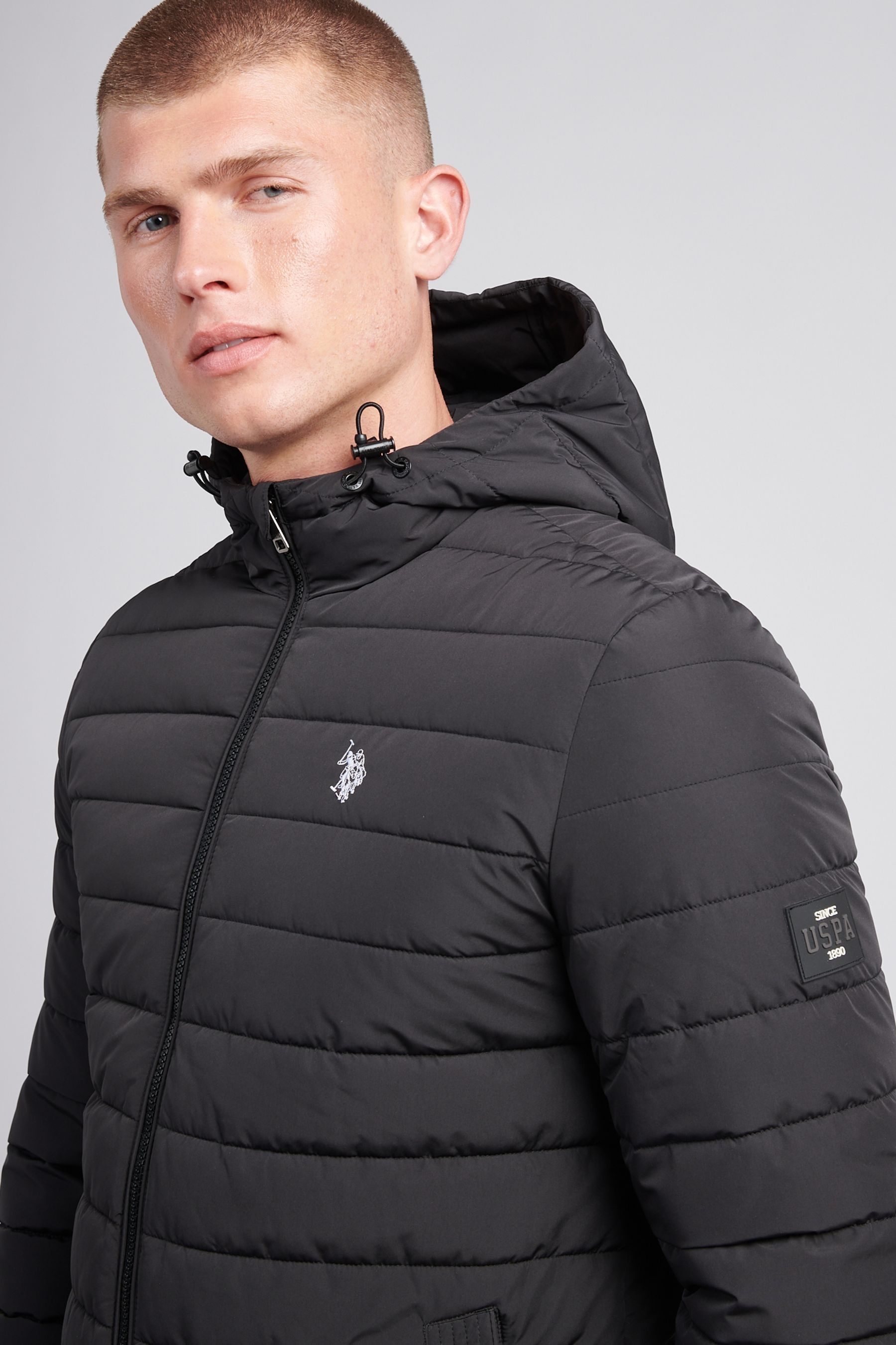 Black U.S. Polo Assn Mens Lightweight Quilt Hooded Puffer Jacket