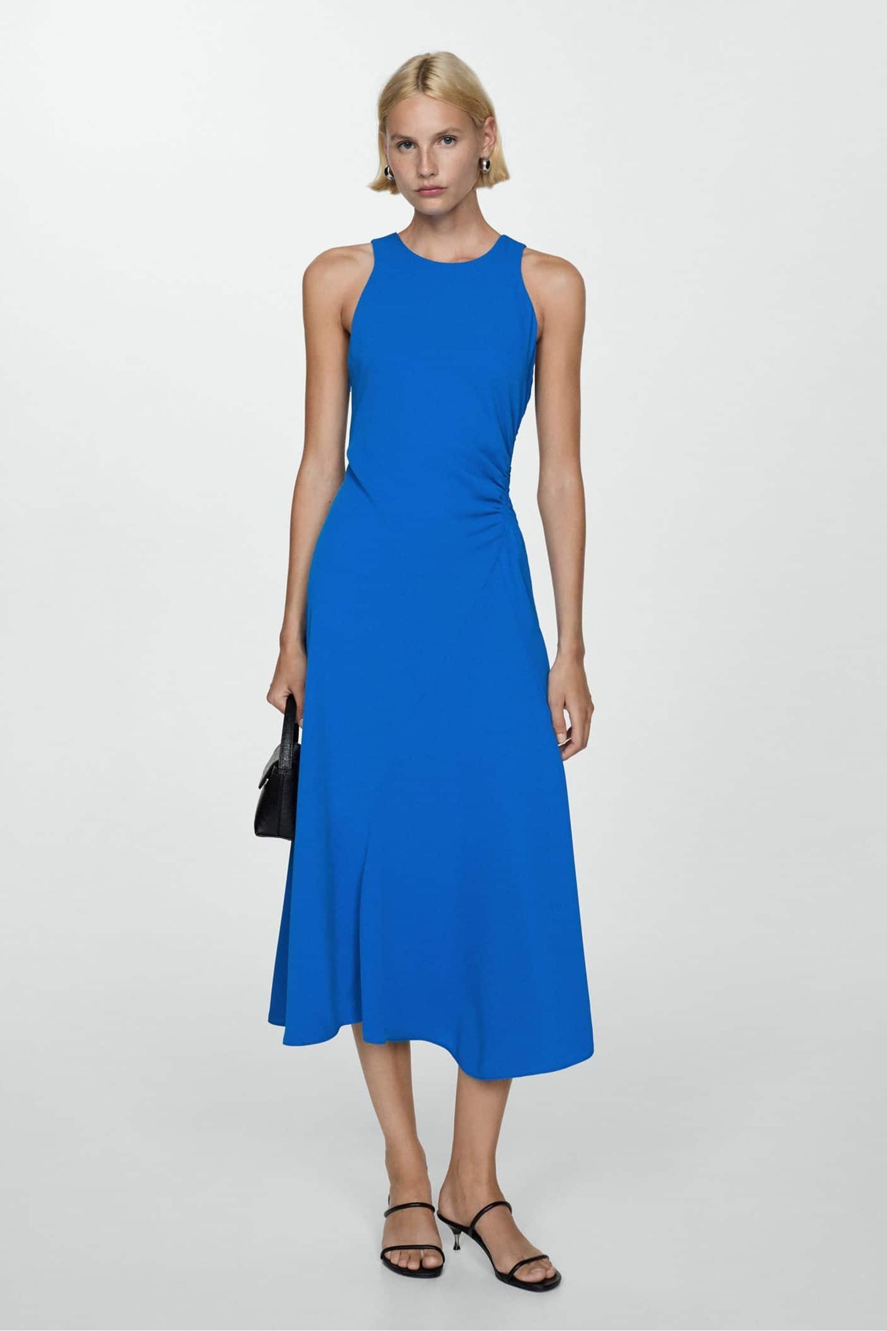 Mango Blue Midi Dress With Sinched Waist