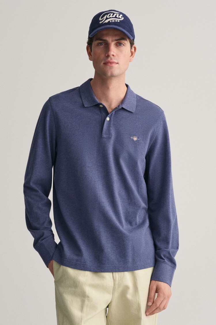 GANT Blue Regular Fit 100% Cotton Shield Long Sleeve Polo Shirt - Image 1 of 4