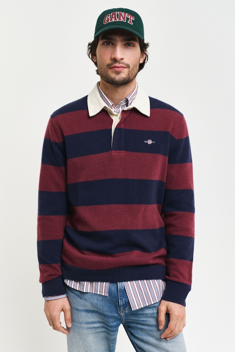 GANT Blue Extrafine Lambswool Striped Polo Shirt - Image 1 of 5