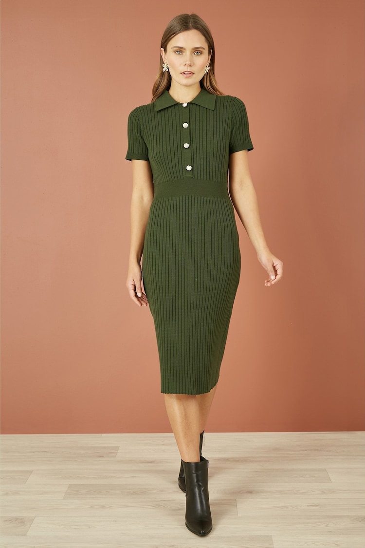 Yumi Fitted Rib Knitted Midi Dress With Daisy Buttons - Imagen 2 de 4