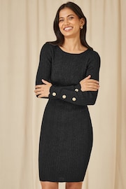 Yumi Black Shimmer Fitted Midi Dress With Button - Image 1 of 5