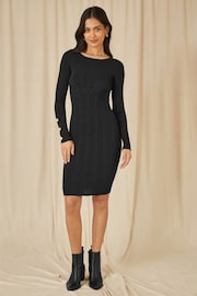 Yumi Black Shimmer Fitted Midi Dress With Button - Image 2 of 5