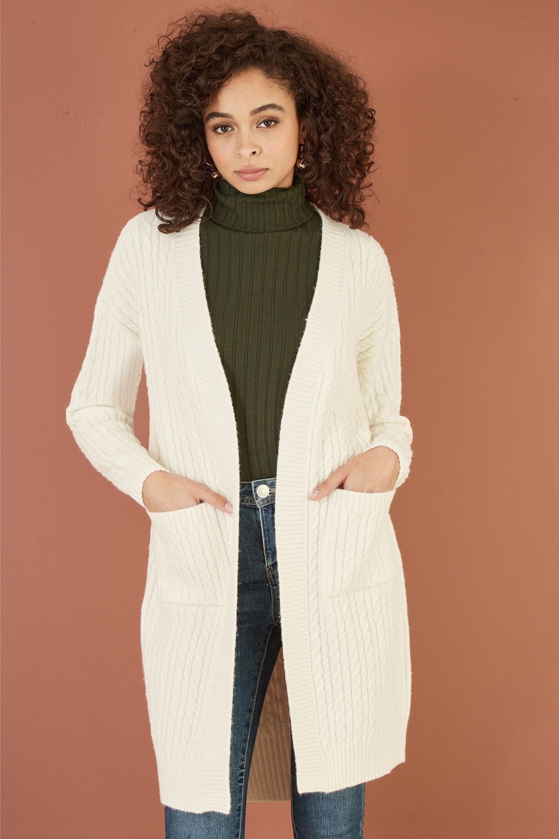 Yumi Cream Cable Knit Edge to Edge Long Cardigan With Pockets smallmedium Womens