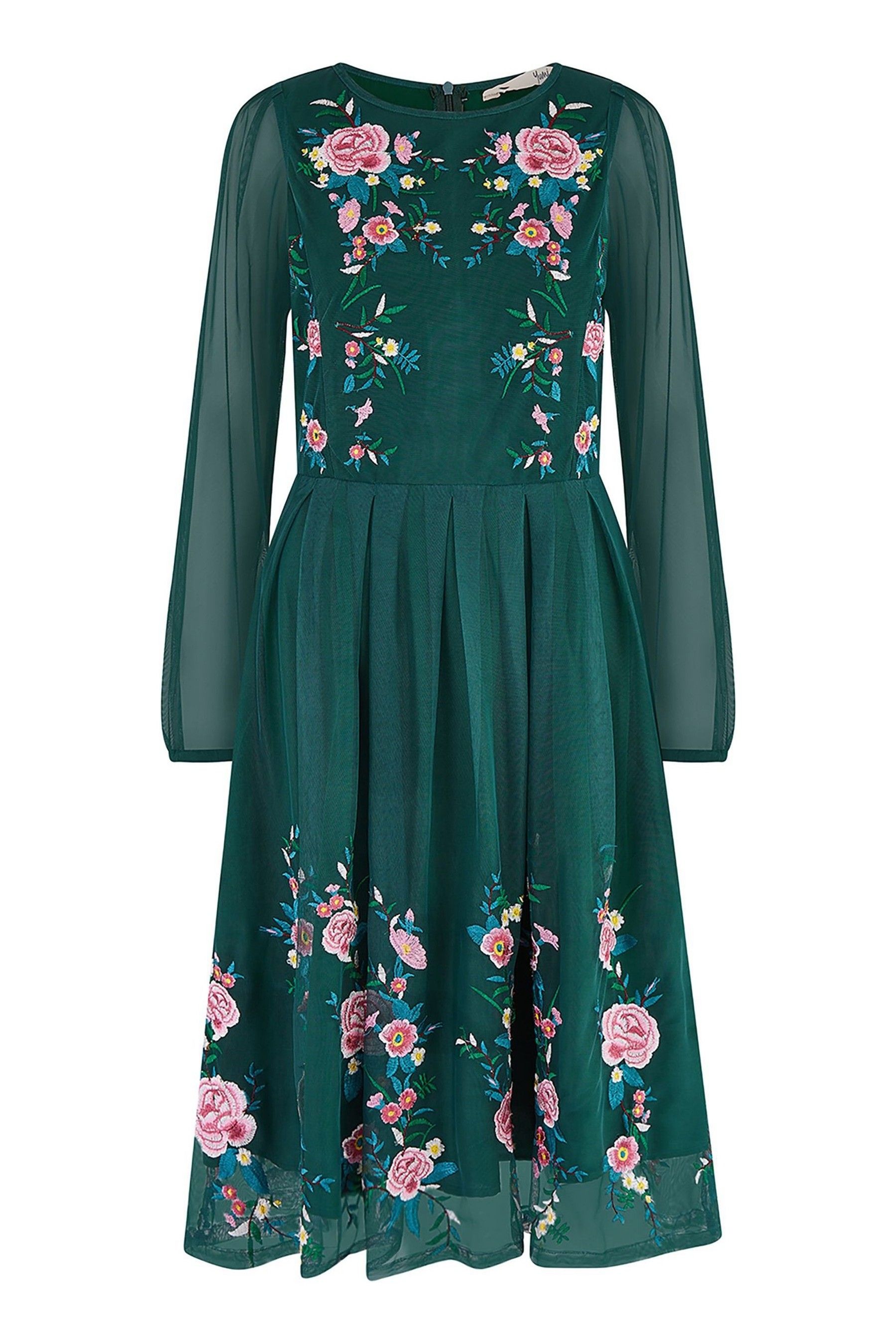 Yumi Embroidered Long Mesh Sleeve Prom Skater Dress