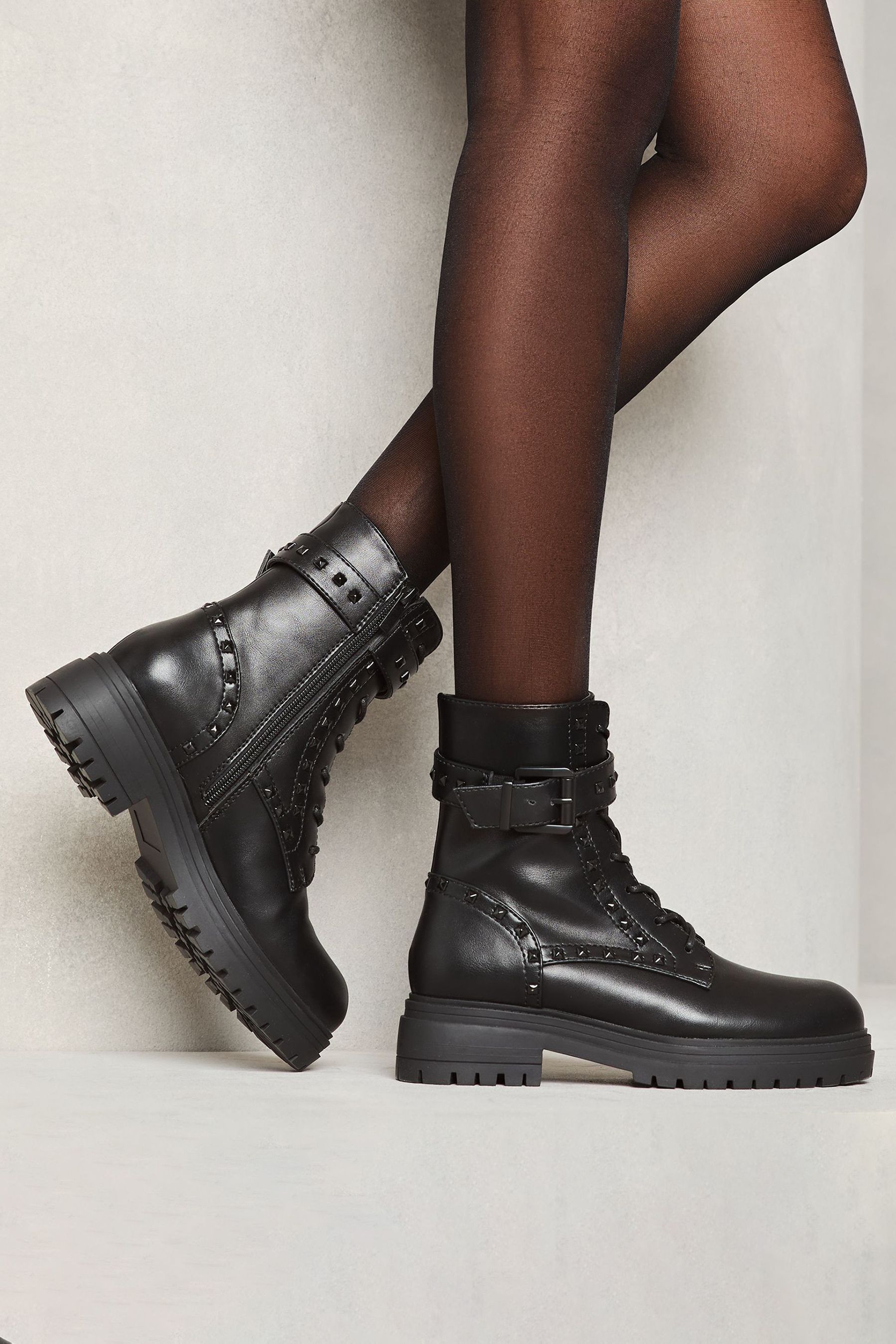 Lipsy Black Chunky Biker Studded Lace Up Flat Faux Leather Ankle Boots