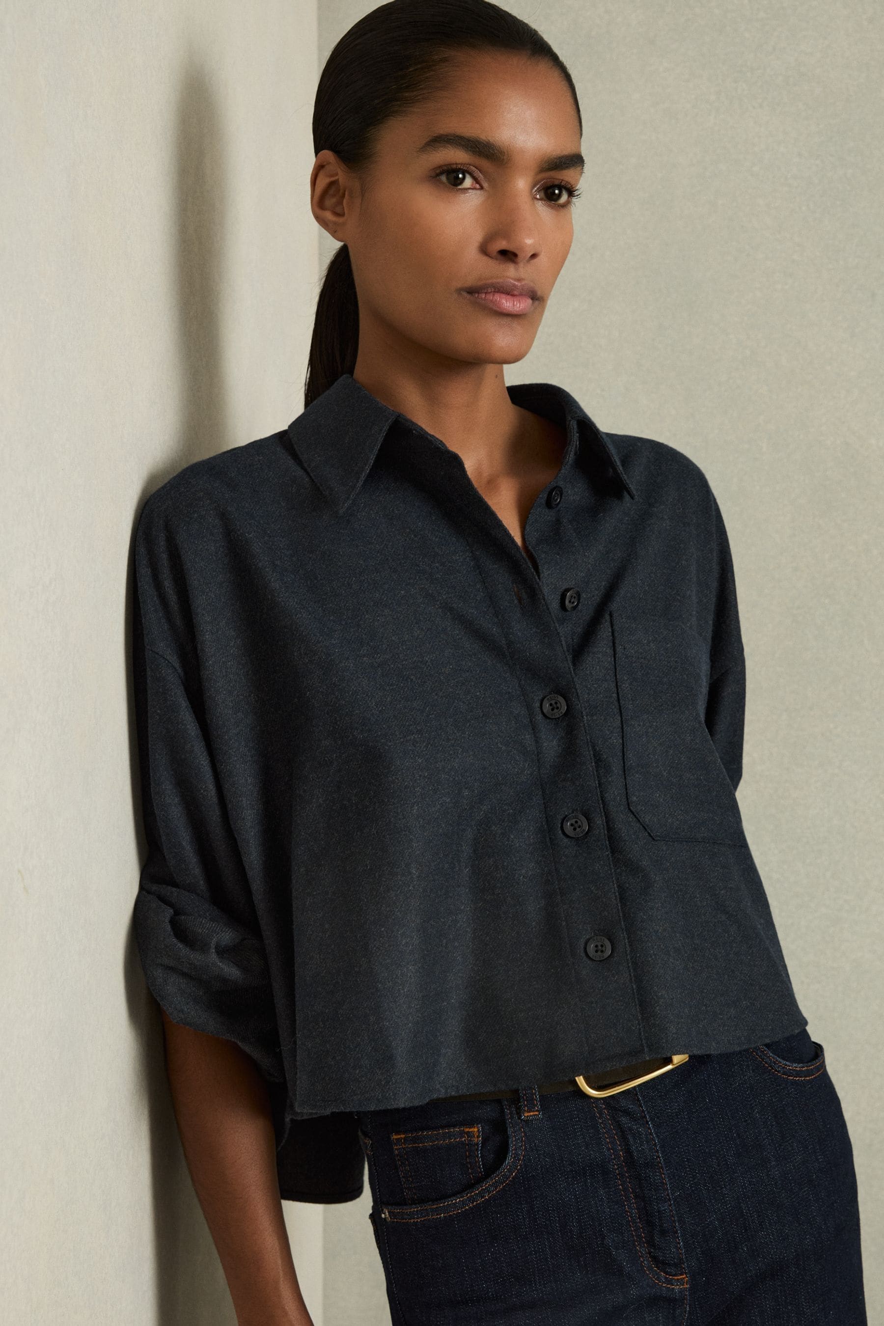 Buy Reiss Navy Lenny Cropped Flannel Shirt from the Next UK online shop