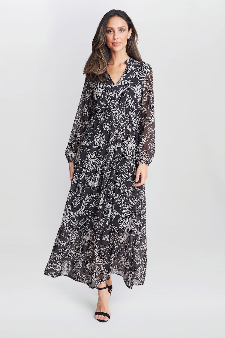 Gina Bacconi Iona Print Stand Collar Black Dress - Image 1 of 5