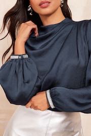 Friends Like These Navy Long Sleeve Satin Drape Blouse - Image 2 of 4