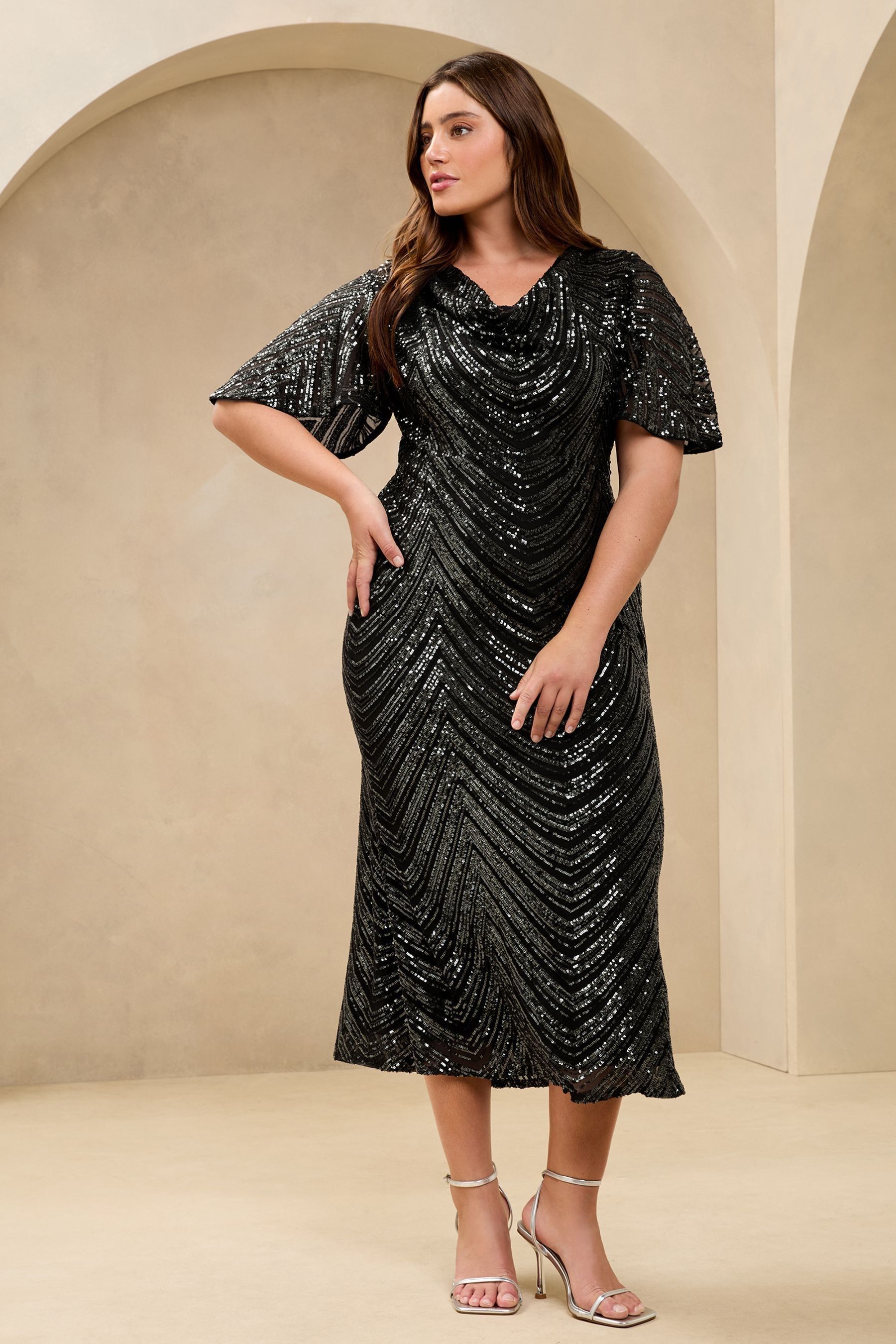 Buy Lipsy Black Curve Sequin Floral Print Cowl Cami Maxi Dress from the Next UK online shop