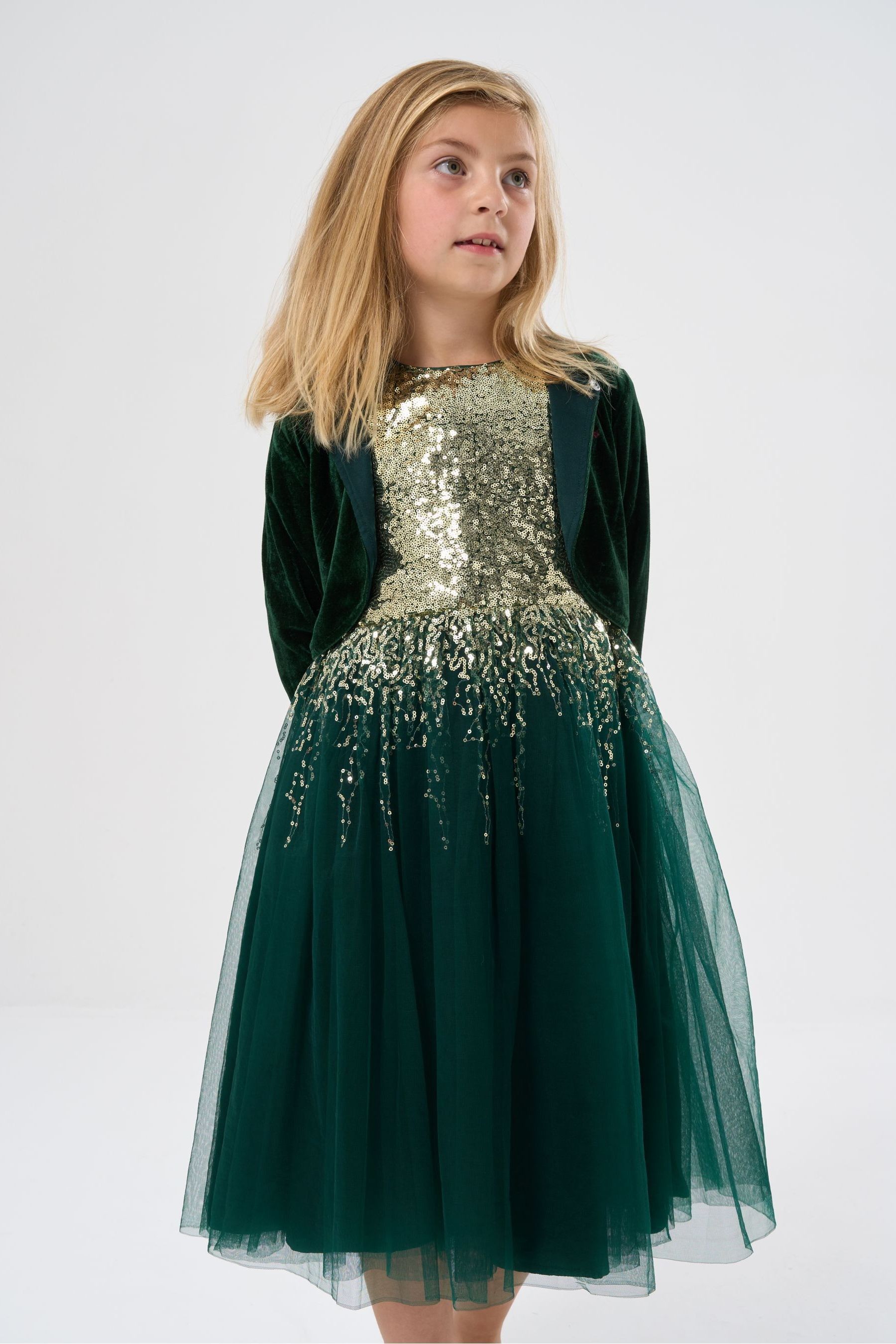 Miss Sequin Waterfall Dress with Faux Fur Bolero Outfit Set
