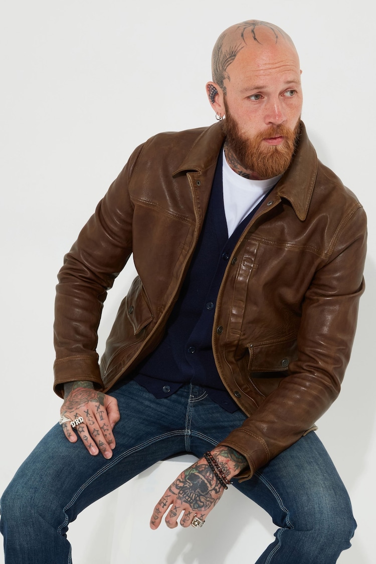 Joe Browns Brown Collared Trucker Leather Jacket - Image 2 of 11